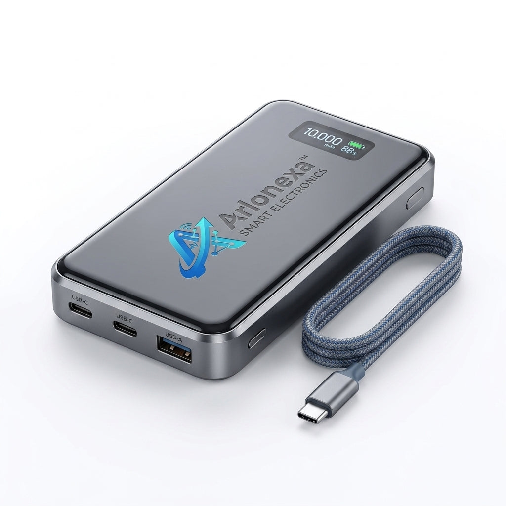 Arlonexa™ VoltEdge 10K Portable Power Bank – 10,000mAh High-Capacity Battery, USB-C & USB-A Multiport Charging, Digital Power Display, Fast-Charging Support & Premium Metal-Style Body